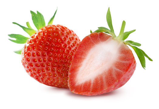 Whole strawberry and half isolated on white background