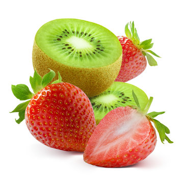 Kiwi slices and fresh strawberry isolated on white background