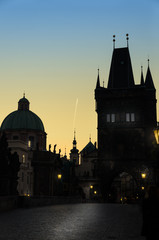 Prague spires in the sunset light, silhouette