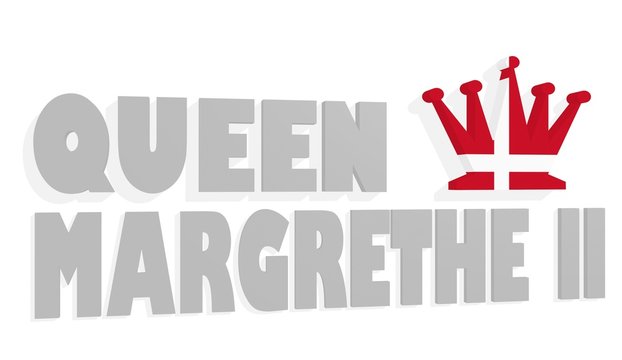 queen margrethe II 3D text and chess queen figure