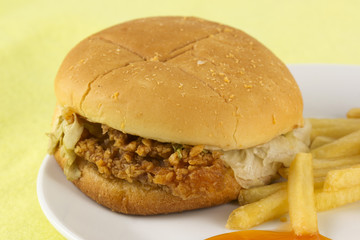 Close up crispy chicken burger with french fried