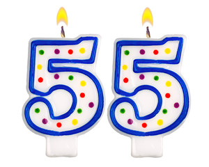 Birthday candles number fifty five isolated on white background