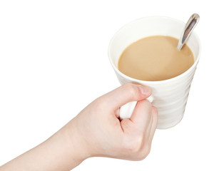 white cup with milk coffee in hand isolated