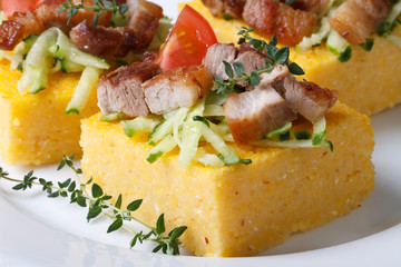 Pieces of polenta with bacon and vegetables macro horizontal