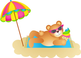 Obraz na płótnie Canvas Teddy bear soaking up the sun on a beach