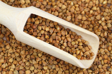 Uncooked buckwheat on wooden scoop, close up