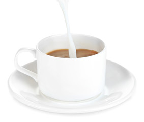 Milk poured into cup of coffee isolated on white