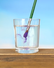 Brush with color paint in glass of water,