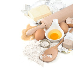 eggs, flour, sugar, butter, yeast. dough preparation