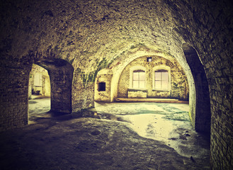Vintage picture of dungeon interior.