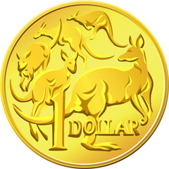 vector Australian Money, gold Dollar with the image of a kangaro