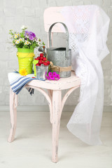 Bouquet of colorful flowers and fresh cherries in decorative