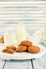 Milk and cookies on tray on table