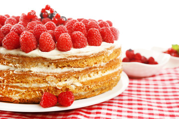 Tasty cake with fresh berries, close up