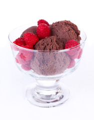 Chocolate ice cream with raspberries in glass bowl, isolated