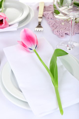 Table setting with spring flowers close up