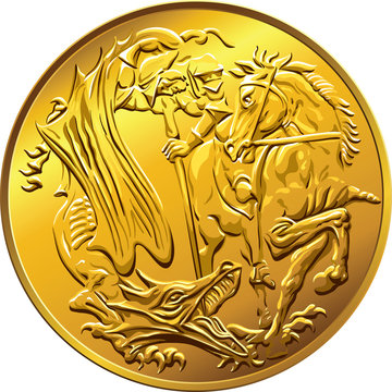 Vector British money gold coin sovereign, with the image of St.