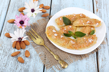 Sweetened fried banana on plate, close-up