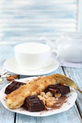 Sweetened fried banana on plate, close-up