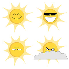Collection of four colored, cute sun character icons