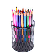 Colored Pencils in Holder Isolated on White Background.