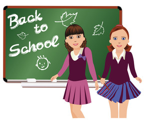 Back to School. Cute little schoolgirls. vector