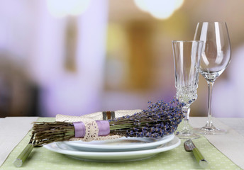Dining table setting with lavender flowers