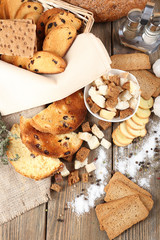 Fototapeta premium Homemade croutons on table in kitchen, close up