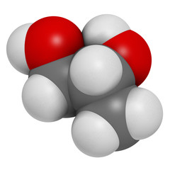 Propylene glycol (1,2-propanediol) molecule. Used as solvent.