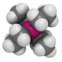 Tetraethyllead gasoline octane booster molecule. 