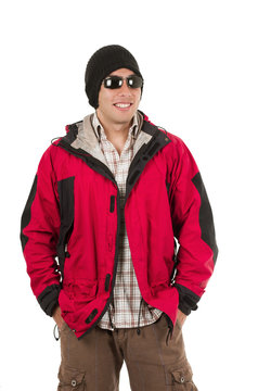 Young Man Posing Wearing Red Winter Coat