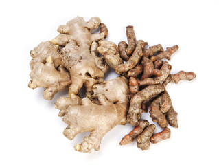 ginger and curcuma longa on white background