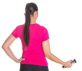 Female Asian in pink sports attire with a dumbbell