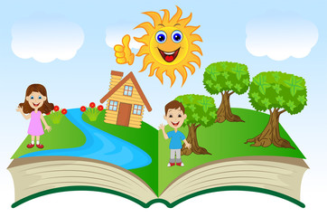 Obraz na płótnie Canvas open book with children and summer landscape