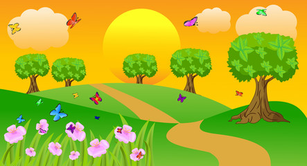 summer landscape at sunset with butterflies and flowers