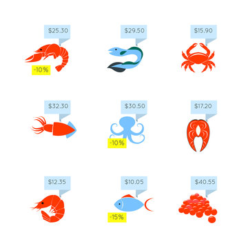 Seafood price icons set