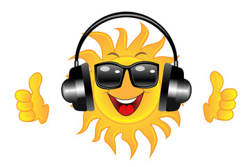merry sun spectacled and headsets on white background