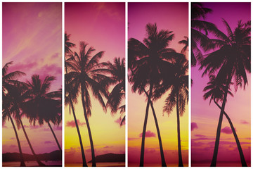 Tropical sunset over sea with palm trees, vintage stylized