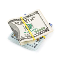 Dollar bills folded and tied with rubber band isolated on white