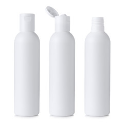 Blank white plastic cosmetics or shampoo bottle