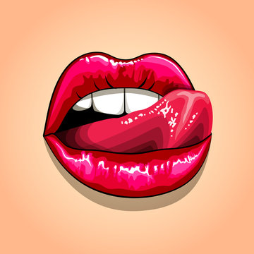 woman licking red lips