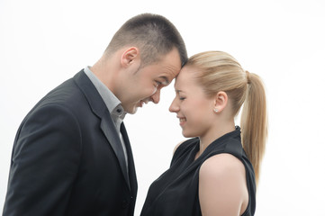 Colleagues shouting against each other on white background