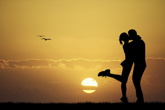 kissing at sunset