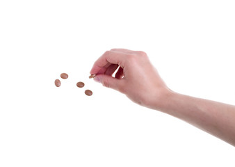 Female Hand Picking Up Medicine Pills on White Background