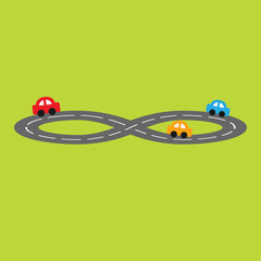 Road in shape of infinity sign and cartoon cars