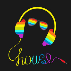 Rainbow headphones cord in shape of word house and glasses 