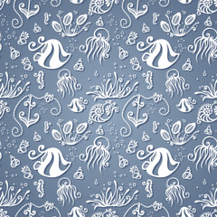 Vector Ornate Sea Seamless Pattern. Set of Sea Flora and Fauna