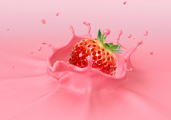 Strawberry falling into pink creamy liquid splashing.