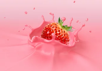 Tapeten Milchshake Strawberry falling into pink creamy liquid splashing.