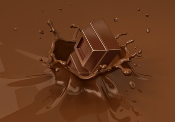 Chok blocks falling into liquid chocolate splashing.